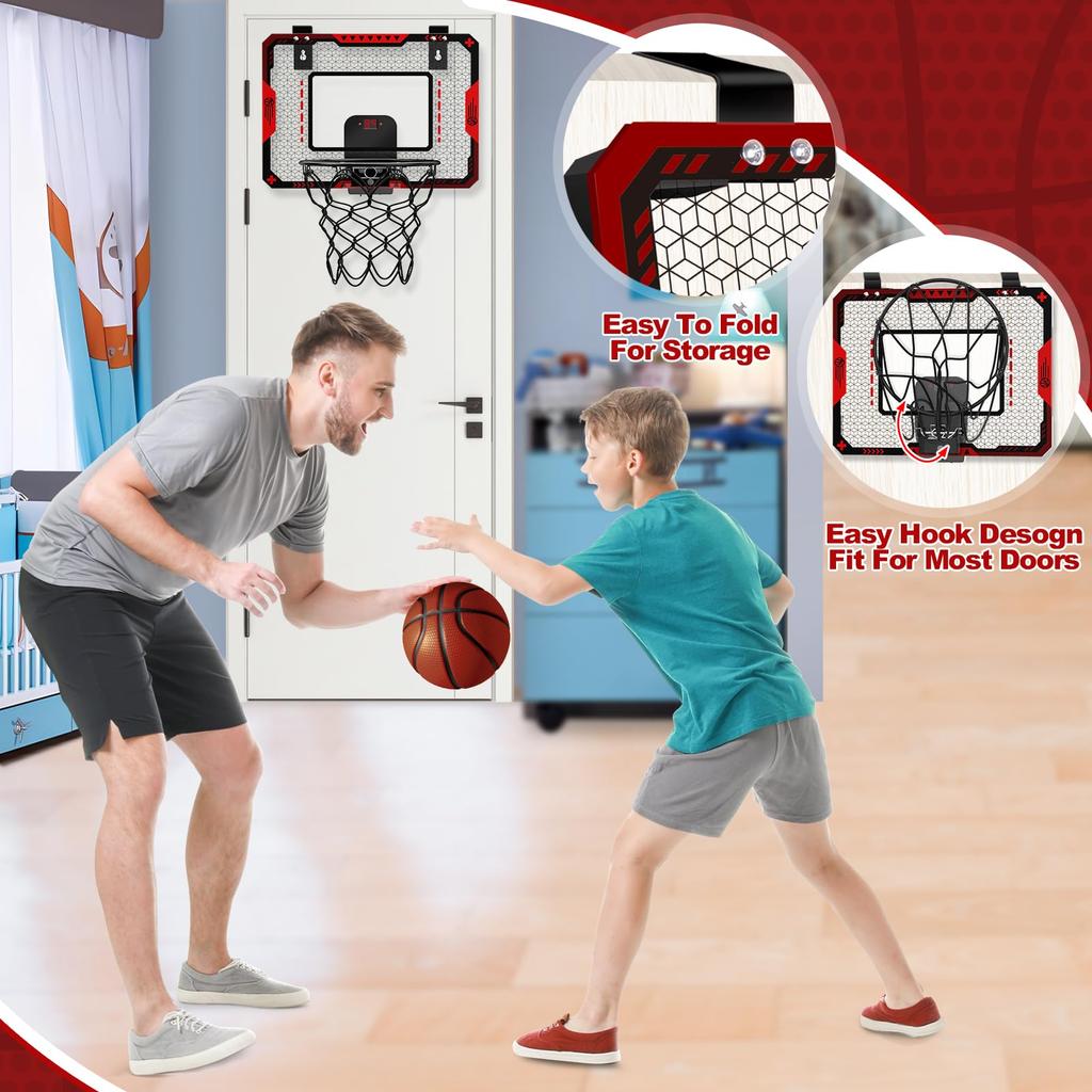 Kids' Indoor Basketball Hoop with Electronic Scoreboard, Mini Over-the-Door Basketball Hoop with 3 Balls, Basketball Sports Toy for Boys Ages 6-8,