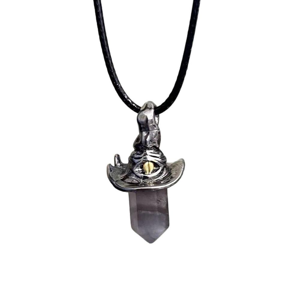 Yuji Retro Style Natural Amethyst Hexagonal Column Witch Hat Pendant, Niche Unique Simple Pendant
