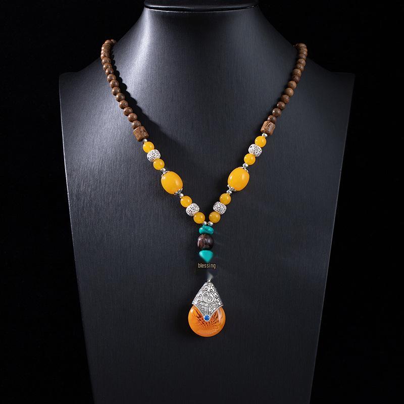Ethnic Retro Vajra Bodhi Pendant Necklace with Wooden Beads