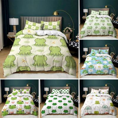 Cartoon Frog Duvet Cover Set Light Green Cartoon Frogs Cute Dragonfly Animal Bedding Set for Kid Twin Size Polyester Quilt Cover