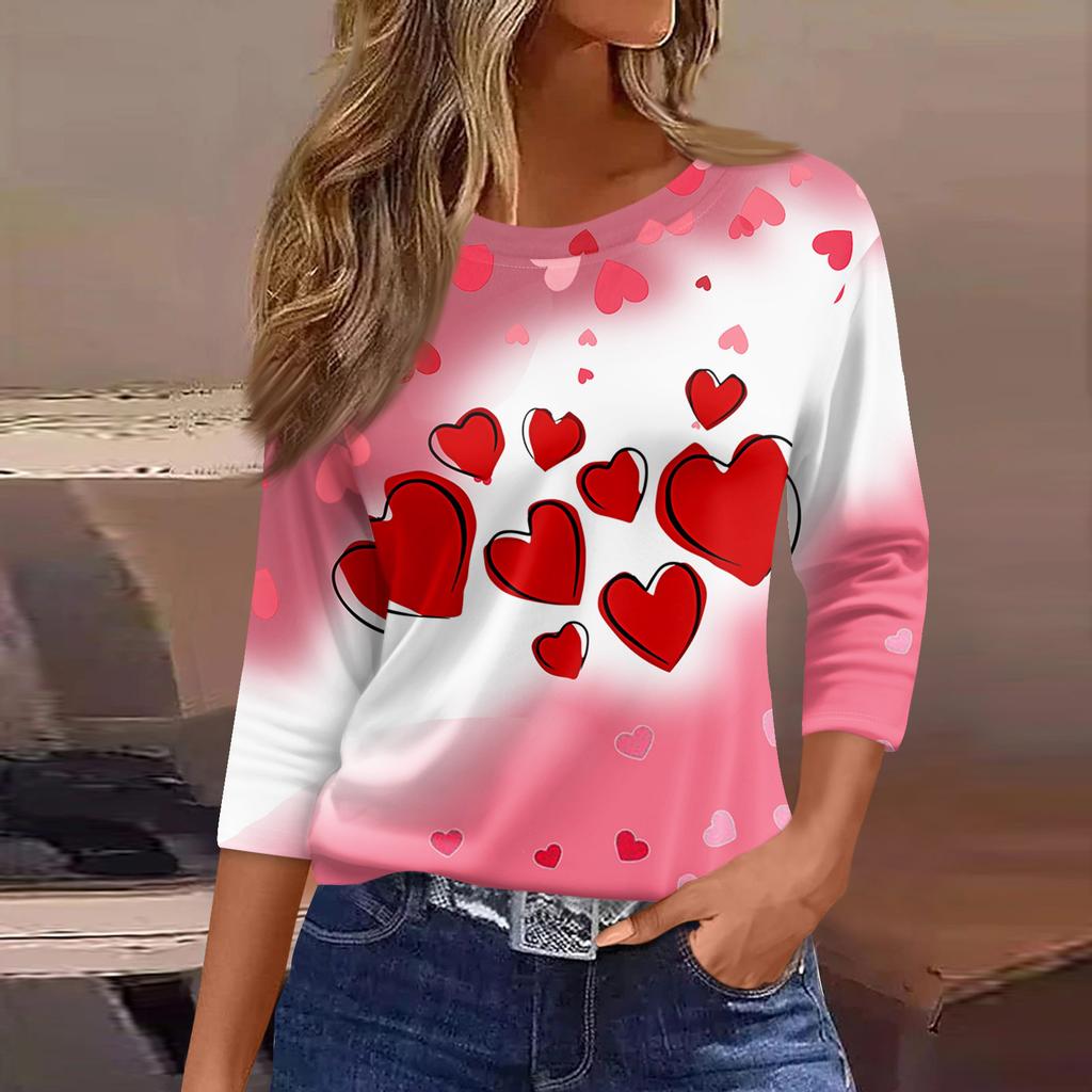 Women's Fashion Casual Round Neck 3/4 Sleeve Loose  Printed T-Shirt Ladies Top