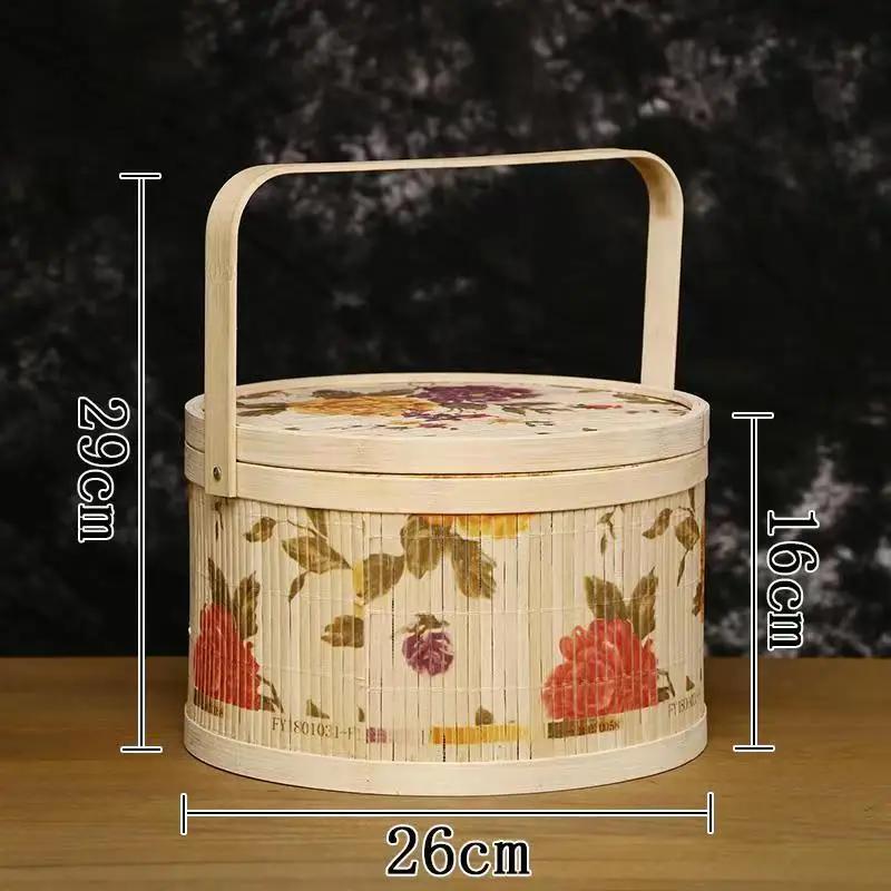 Kitchen Basket for Rice Dumplings and Mooncakes, Souvenir Packaging, Round Peony Flower, Portable Bamboo Basket, Bamboo