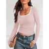 Women's Square Neck Long Sleeve Slim Fit Contrast Trim Ribbed Knit Basic Tee Fashion Crop Top