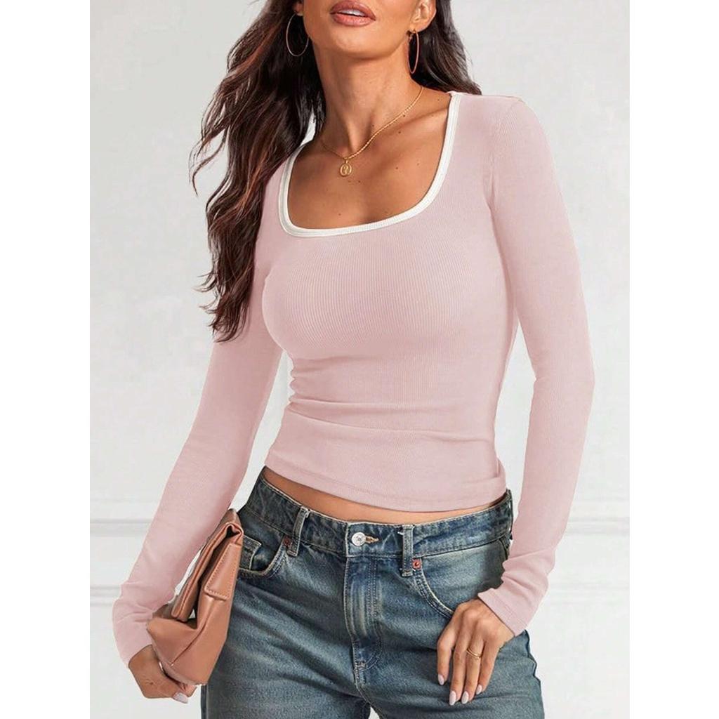 Women's Square Neck Long Sleeve Slim Fit Contrast Trim Ribbed Knit Basic Tee Fashion Crop Top