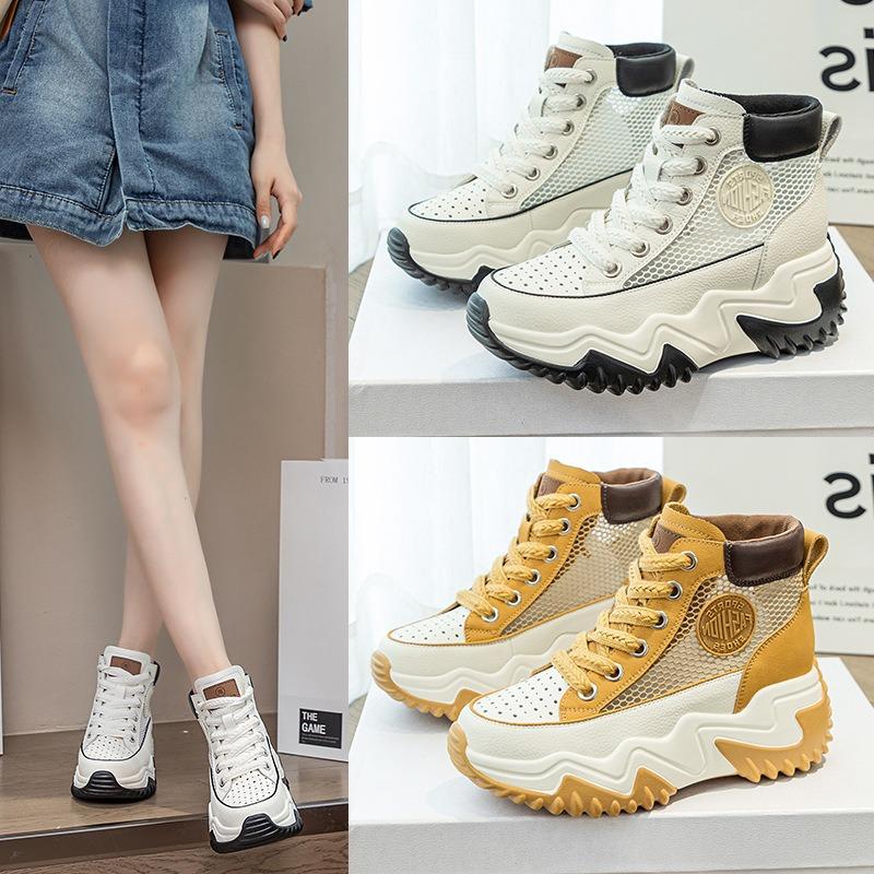 376 inner height increase 7 leather dad shoes women, spring new versatile thick-soled pine