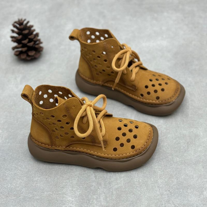 Johnature Sandały retro ręcznie robione ze skóry naturalnej, wydrążone, okrągłe noski, sznurowane, miękkie, skóra bydlęca, damskie buty