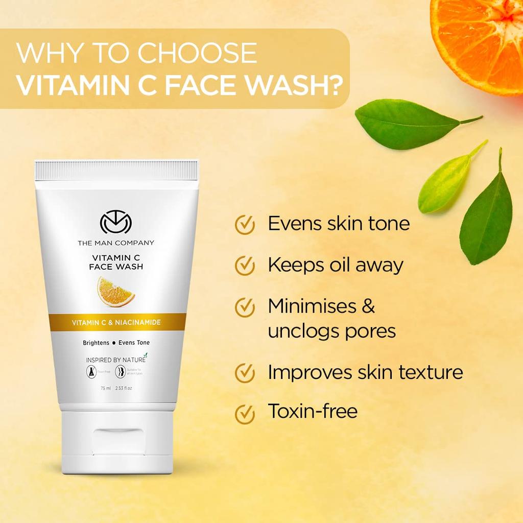 The Man Company Skin Brightening Vitamin C Face Wash with Turmeric and Niacinamide for Clean, Bright & Soft Skin I Oil Free Look I Unclog Pores, 75ml