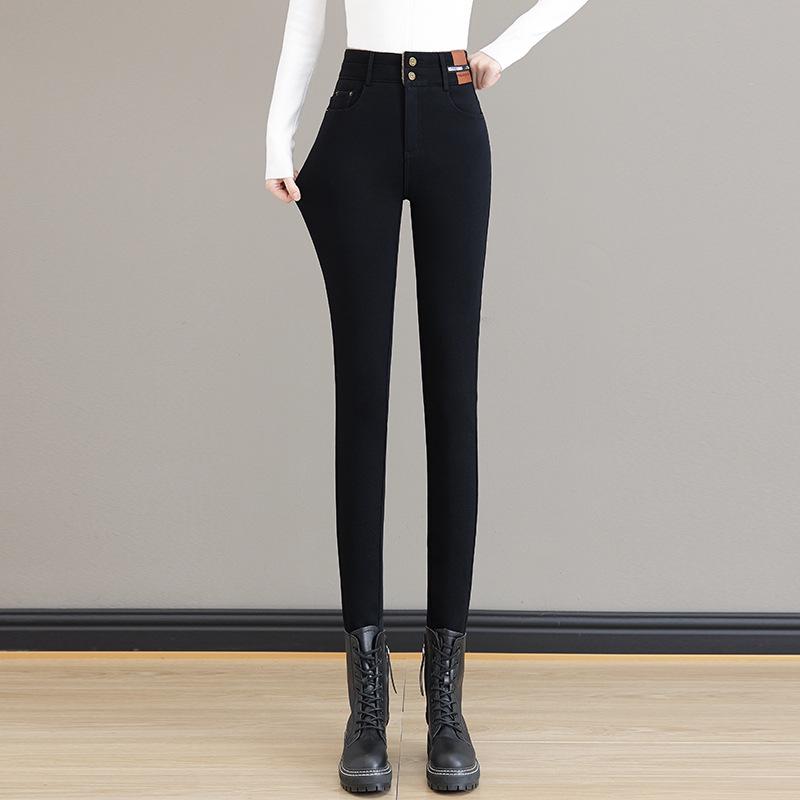 Women s 2025 Autumn/Winter Black Slimming Fleece-Lined Pencil Pants L