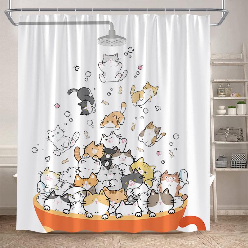 Funny Cartoon Bathing Cats Shower Curtains Cute Animals Pet Cat Kids Bath Curtain Polyester Children Bathroom Decor With Hooks