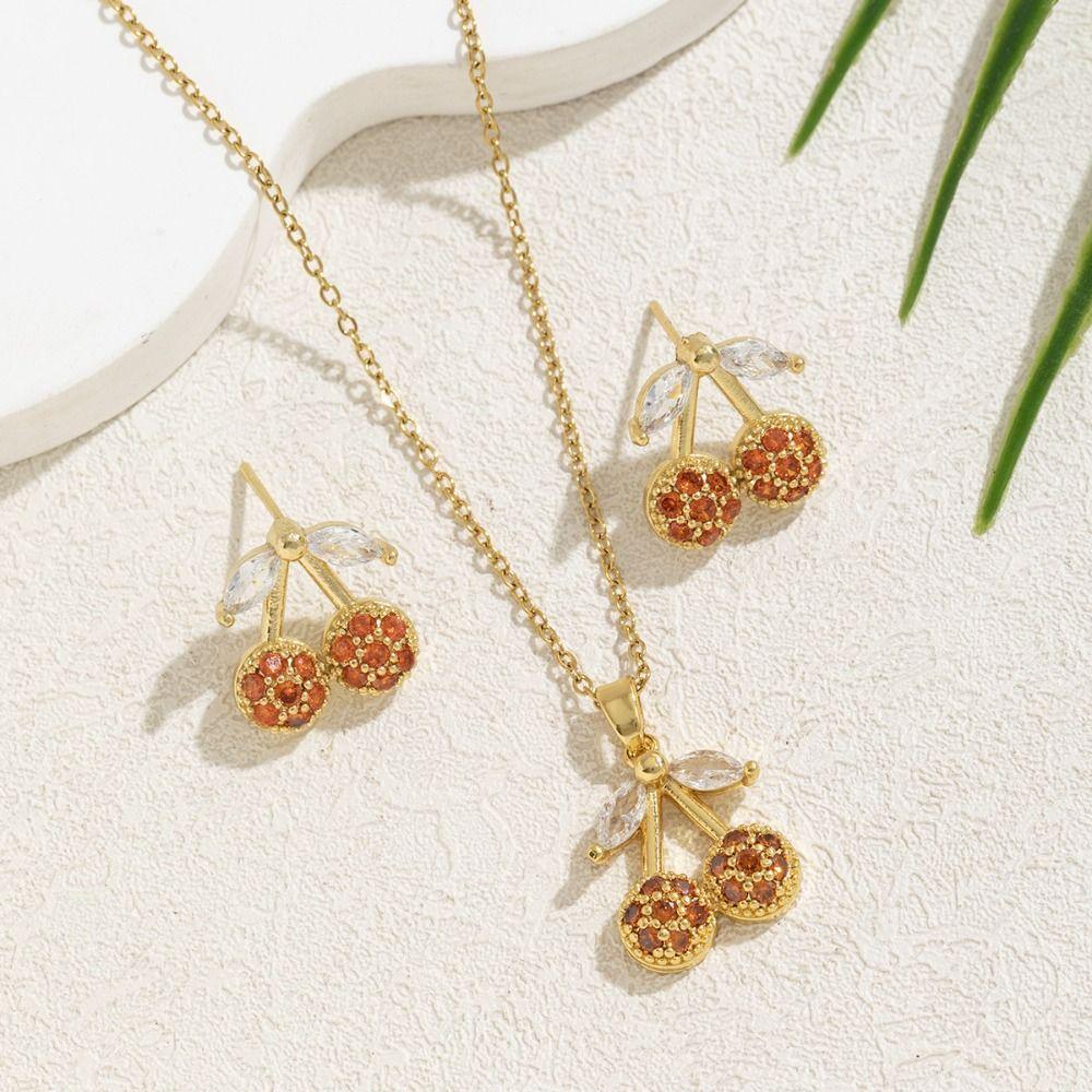 Crystal Rhinestone Cherry Jewelry Suit Exquisite Cherry Necklace Set Necklace Earring Set  Women