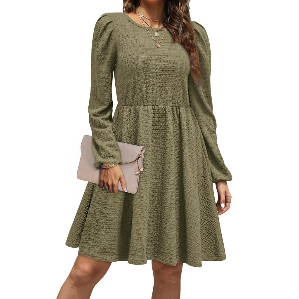 Damskie bufiaste długie rękawy z wysokim stanem, swobodne dzianinowe sukienki z okrągłym dekoltem i długością do kolan
