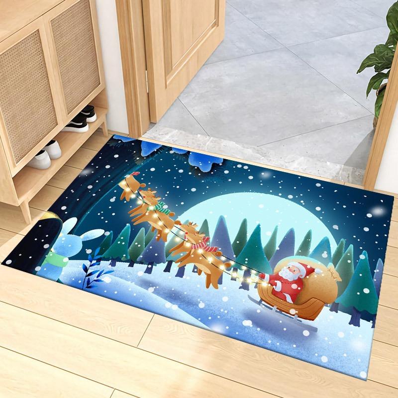 Christmas Santa Carpet Mat Rug Tree Home Decoration Festive Entryway Decor Floor with Snowman Reindeer Merry Christmas Design