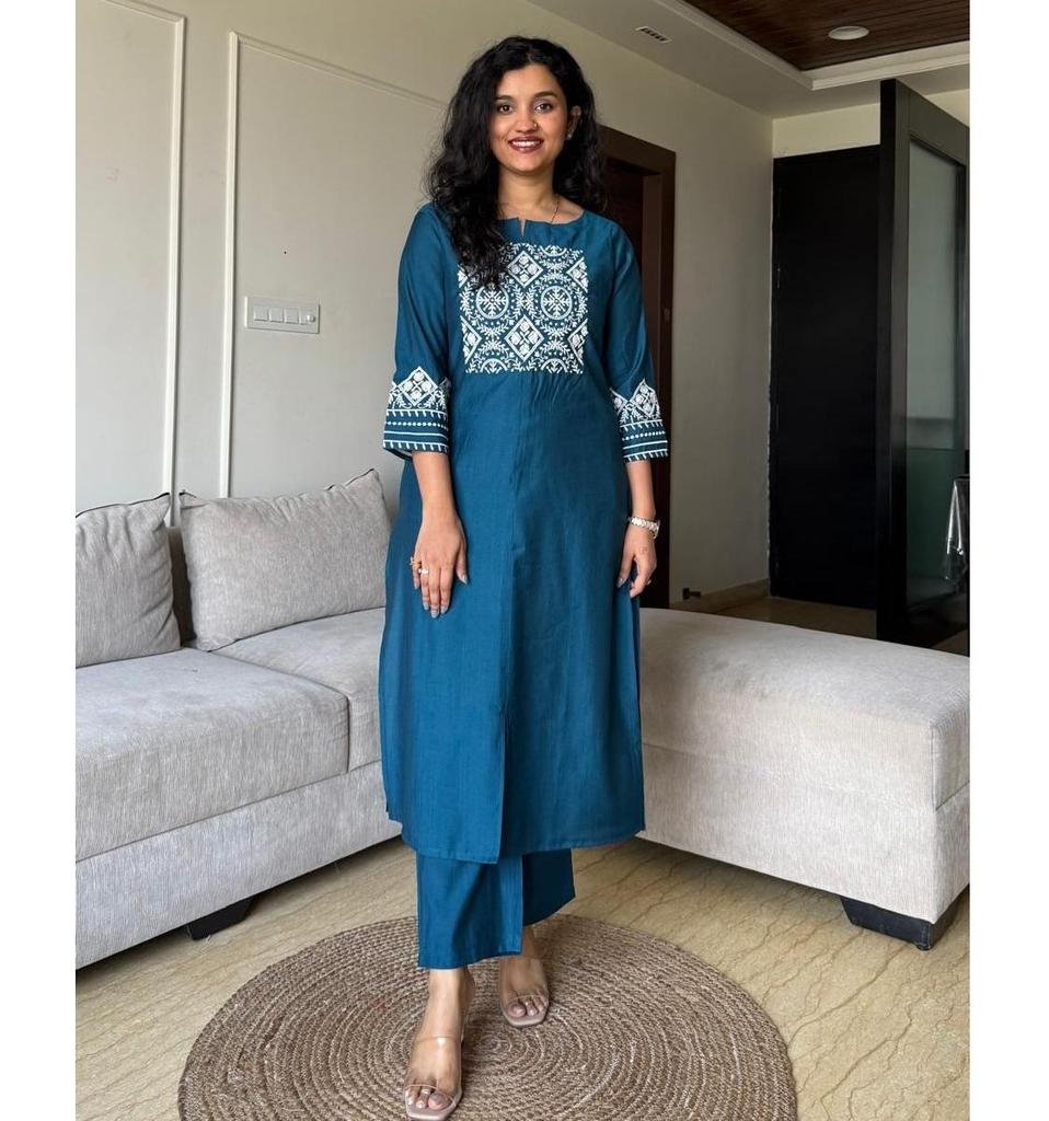 Women Designer Embroidered Kurta Pant Set Indian Bollywood Top Tunic Cotton Kurti Salwar Suit