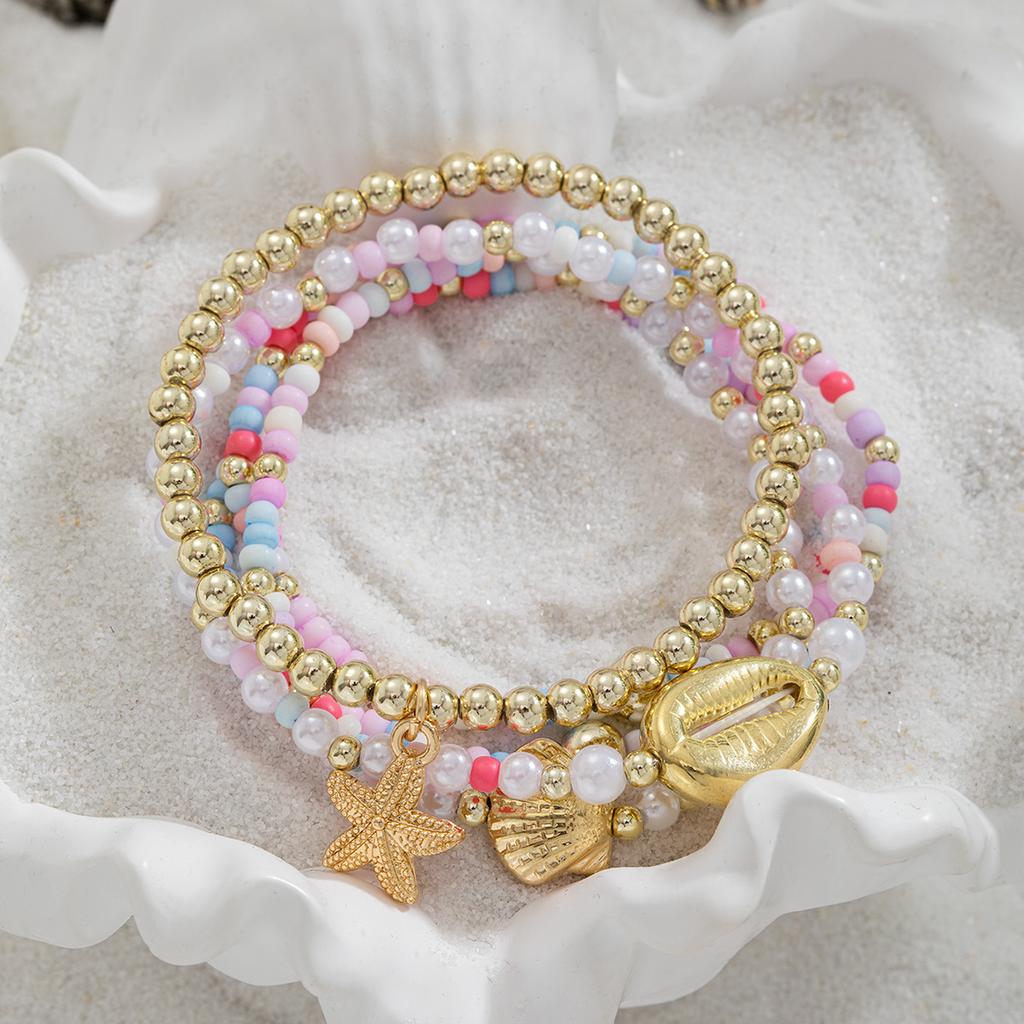 Sommer Meeresstil Stapelbares Armband Set, Gold Perlen Muschel Seestern Anhänger, Macaron Perlen Stretch Armband