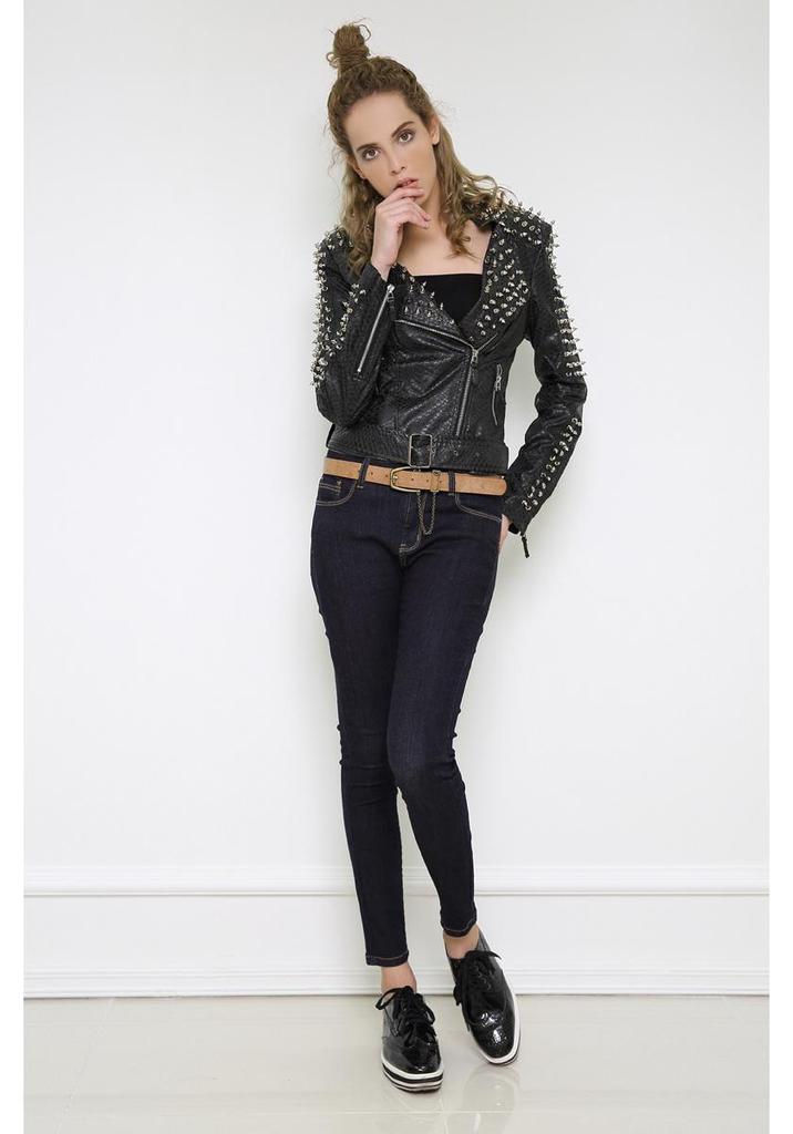 European & American Women's Punk Style Rivet Lapel Faux Sheepskin Motorcycle Jacket for Autumn & Winter