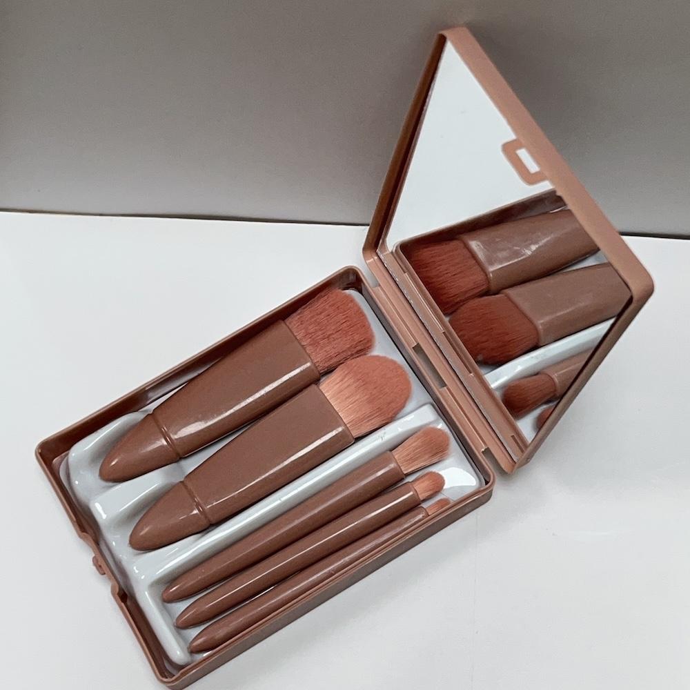 Boxed 5-Piece Pink Synthetic Hair Flat & Fan Brush Set with Mirror Multi-Function Travel Size Mini Makeup Brush Set Travel Size коричневый