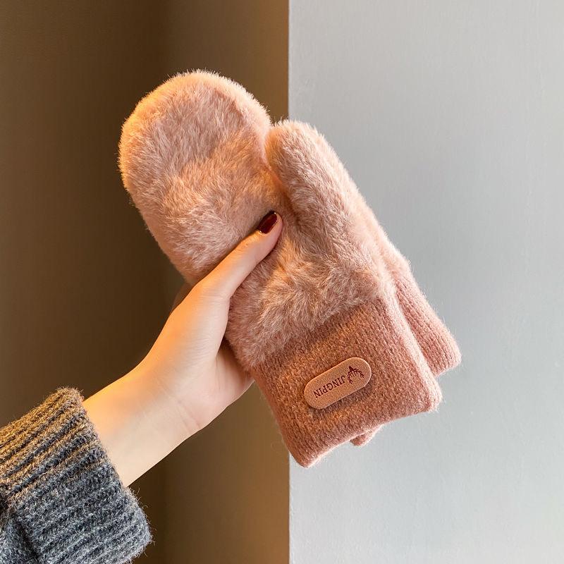 Korean Style Women's Imitation Mink Fur Gloves, Fleece-lined & Thickened for Autumn/Winter Cold Protection, Solid Color Mittens