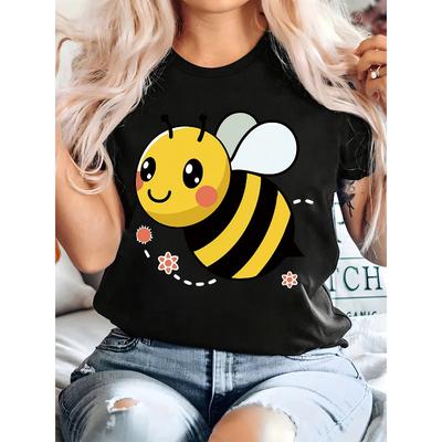 Plus Size, Cute Bee Print Plus Size Letter Graphic Print T-Shirt, Women's Short Sleeve Crew Neck Casual Top, Women's T-Shirt, for Summer and Spring