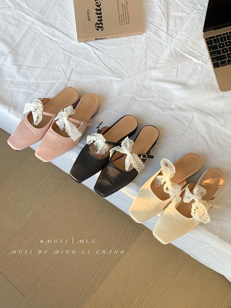 Fashion Summer Flat Sandals Woman 2025 New Square Toe Buckle Strap Breathable Satin Leisure Slingbacks Chic Mules Shoes for Ladies
