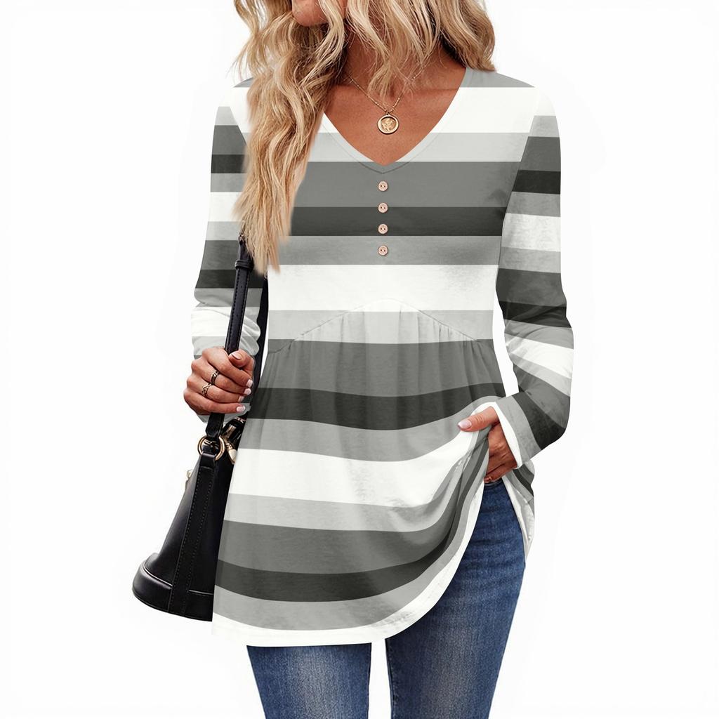 Women's Casual Fashion V-Neck Button Striped Long Sleeve Top