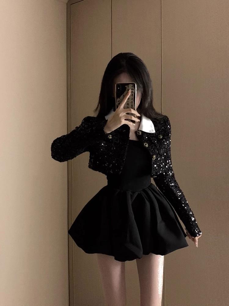 Kleines Französisches Chic Schwarzes Herbstkleid - Puffiger Prinzessin Tulpenrock