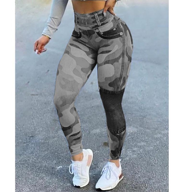 2024 Autumn Winter Women's High Waist High Elastic Imitation Denim Leggings Solid Color Fitness Sports Yoga Pants