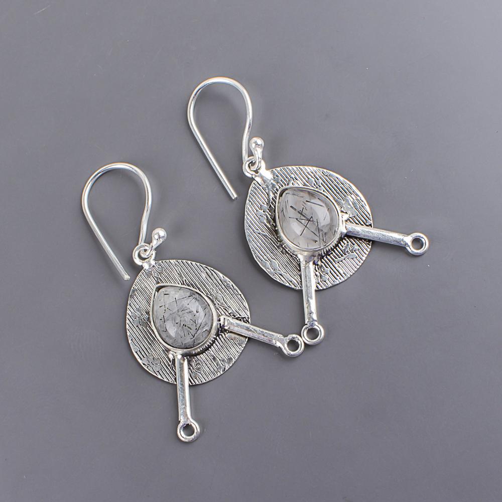 Cercei Handmade din Argint cu Rutil Negru, Cercei Boho din Argint Sterling 925, Cercei Frumoși cu Piatră Prețioasă Rutil Cadou Pentru Iubire