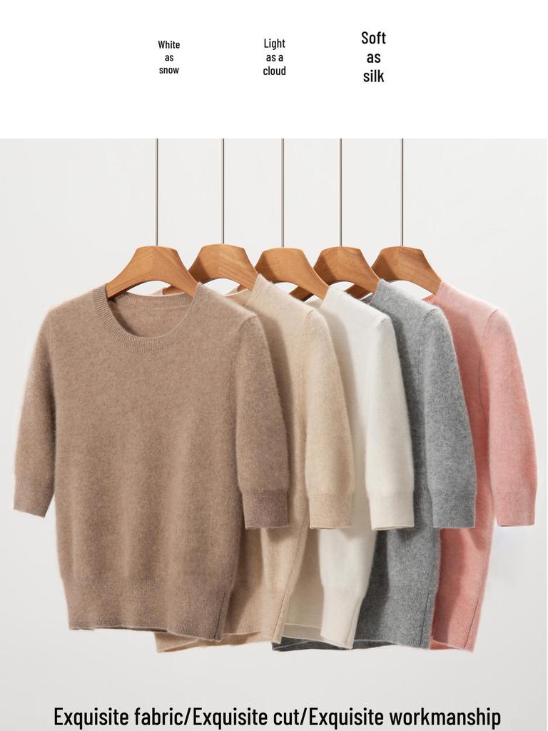 2026 Autumn/Winter Women's Pure Cashmere Short Sleeve Round Neck Loose Knit Sweater