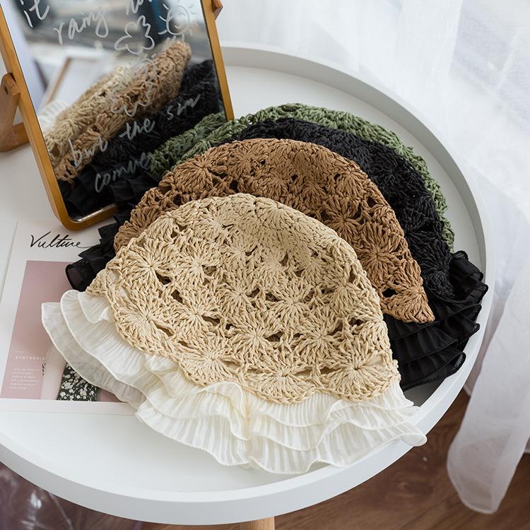Japanese Hollow Woven Lace Edge Straw Hat Women'S Summer Sweet Versatile Lotus Leaf Edge Bucket Hat Showing Face Small Vacation Pot Hat