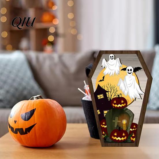 Halloween Entrance Sign Wooden Tombstone Shaped Table Block Spooky Ghost Pumpkin Durable Decor Bat Castles Tiered Tray Centerpiece for Party