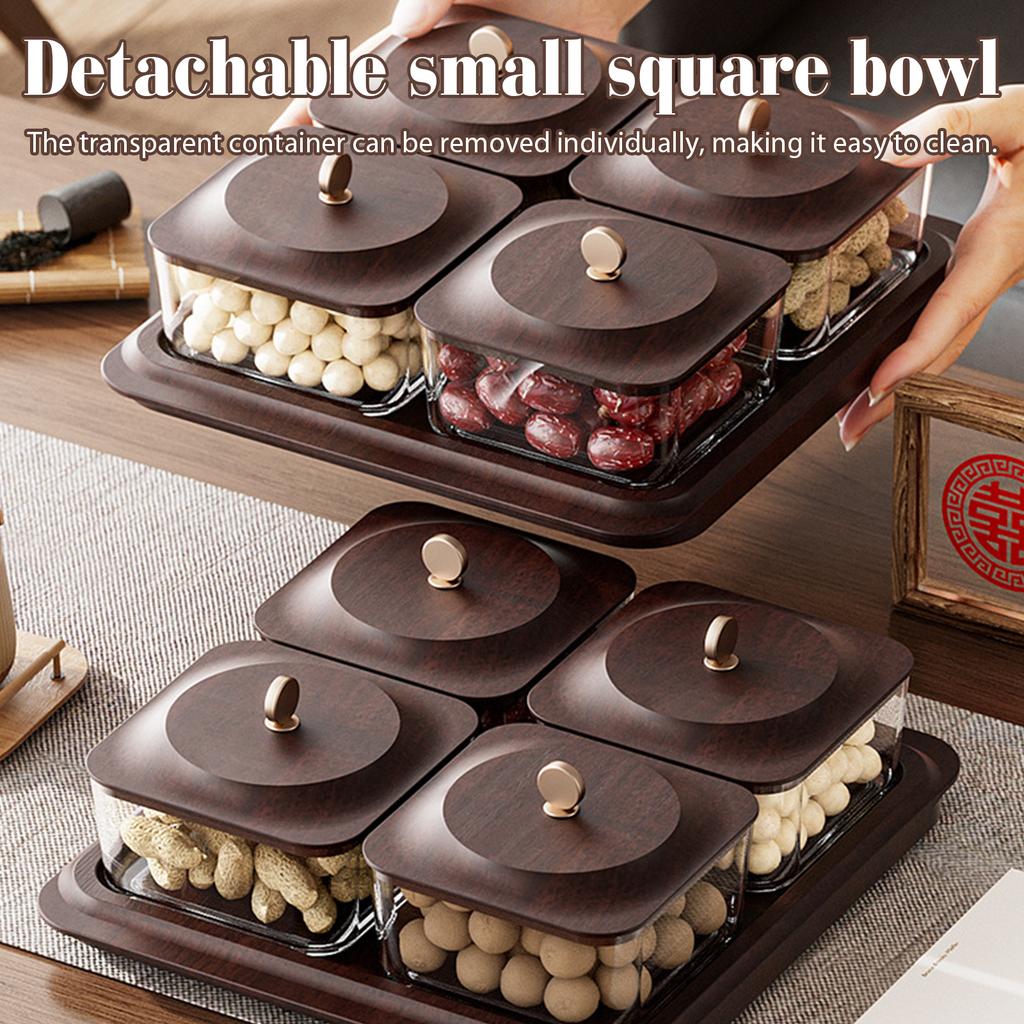 Set of 4 Plastic Imitated Wood Divided Dried Fruit Tray with Lids Appetizer Serving Tray for Party Candy Jars Cookies Nuts