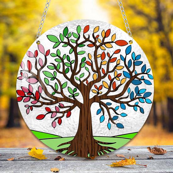 Round Stained Glass Style Window Hangings 5.9 Inch Colorful Sun Catcher with Chain for Indoor Outdoor Decor Light Reflection Artistic Gift