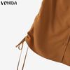 VONDA Summer Women V Neck Short Sleeve Side Drawstring Buttons Up Casual Blouse
