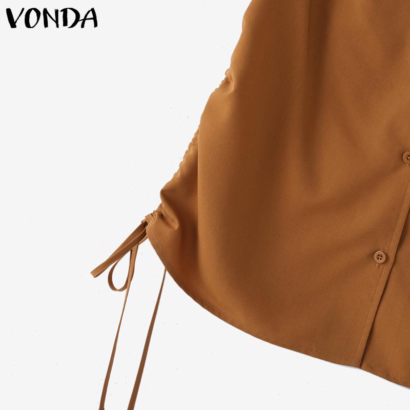 VONDA Summer Women V Neck Short Sleeve Side Drawstring Buttons Up Casual Blouse