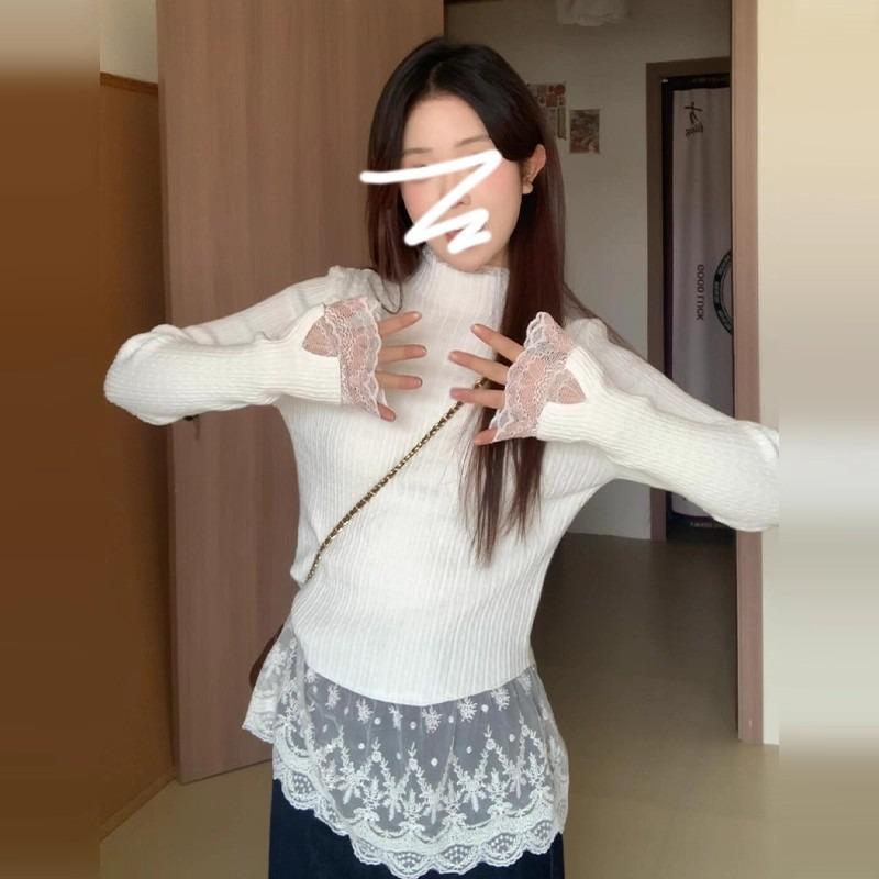 

Semi-turtleneck lace sweater with bottoming shirt inside, women s new autumn and winter models can be worn outside knitted tops One size fits all [recommended 80-60kg]