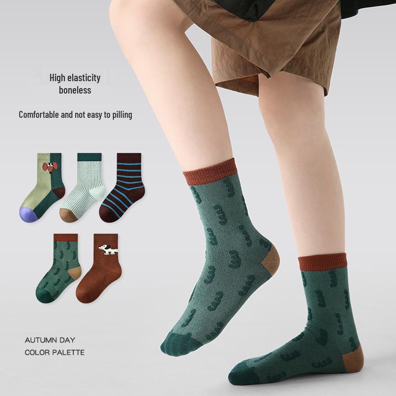 2025 Autumn/Winter Kids' Color Block Dog Socks - Cotton, Odor-Resistant, Versatile Sports Socks for Boys