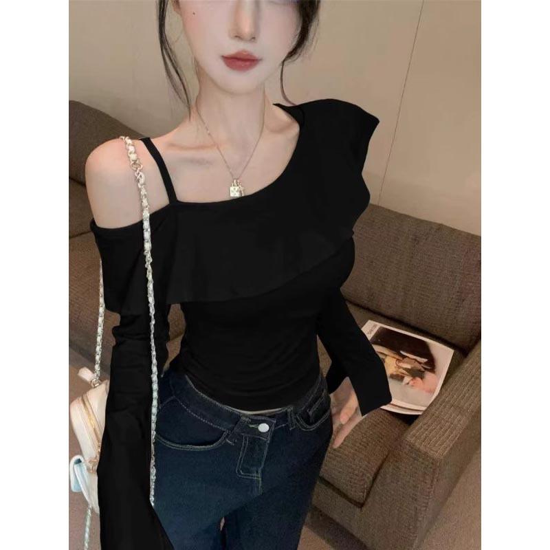 Autumn Sweet & Spicy Korean Ruffled Asymmetrical Camisole T-shirt: Women's Slimming, Versatile Long-sleeve Top