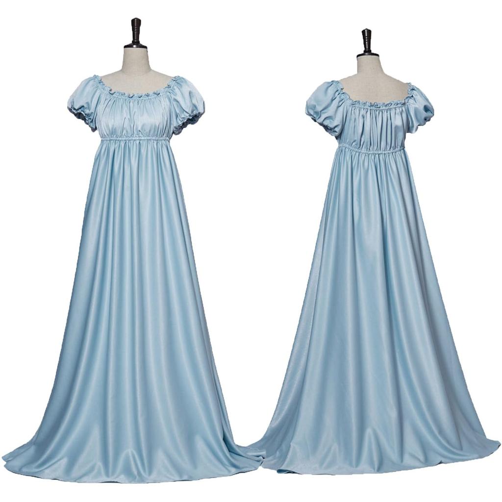 Women Long Maxi Dress Round Neck Ruched Puff Sleeve Waist Elegant Swing Gown Vintage Style Floor Length Dress for Special Occasions