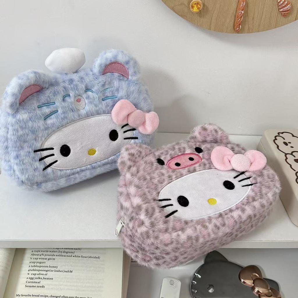 Leopard Print Kitty Pencil Case, Plush Cosmetic Bag, Stationery Box, Student Large-Capacity Storage Bag