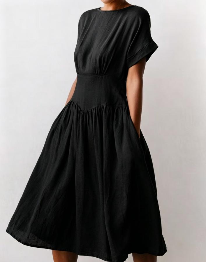 Summer New French Thin Waist Pleated Round Neck Short-sleeved Women s Dress L чёрный