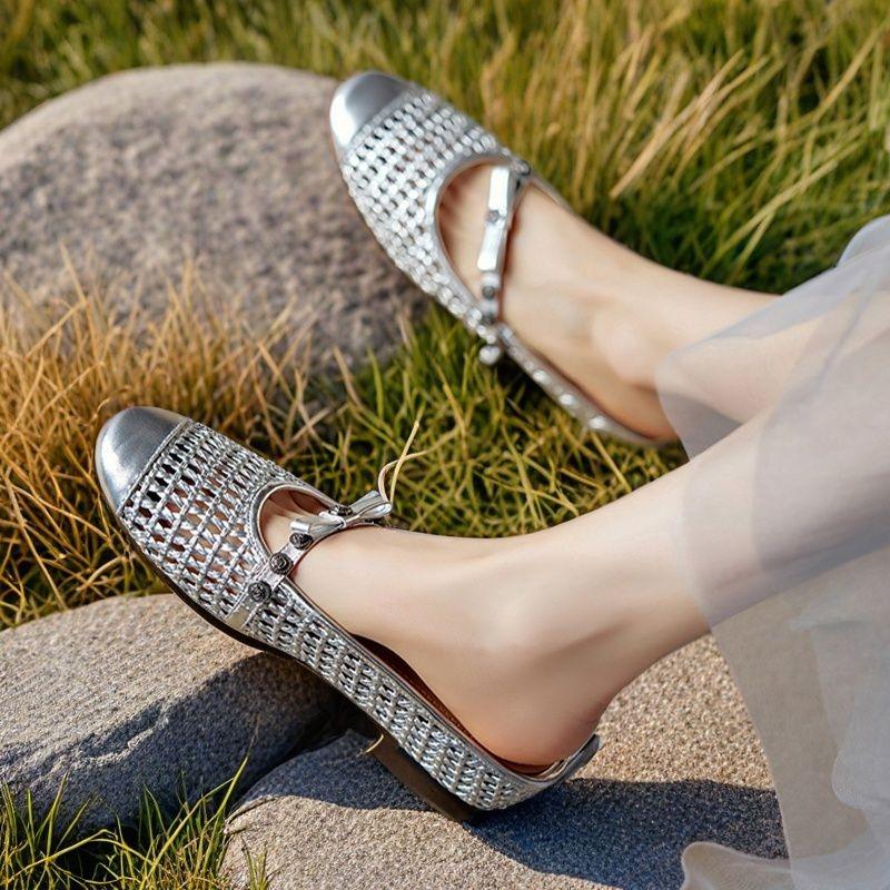 Fashion 2025 Fashion Weave Summer Women Sandals Shoes Flats Heels Microfiber Slippers Mary Jane Party Shoes Dress Size 35-40