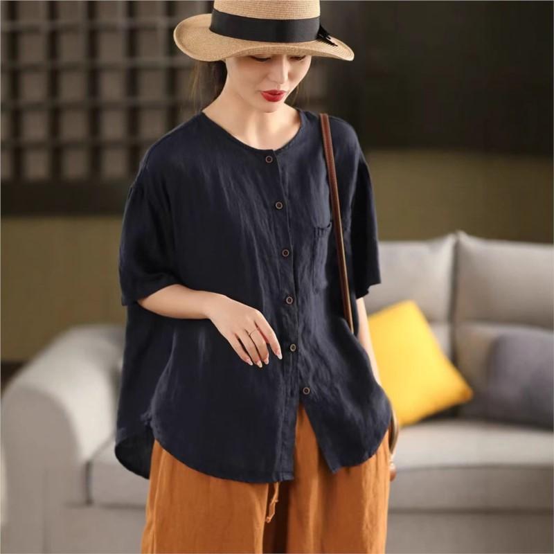 Johnature Women Vintage Solid Color Shirts O-Neck Half Sleeve Patchwork Pockets Summer Loose Casual Button Shirts