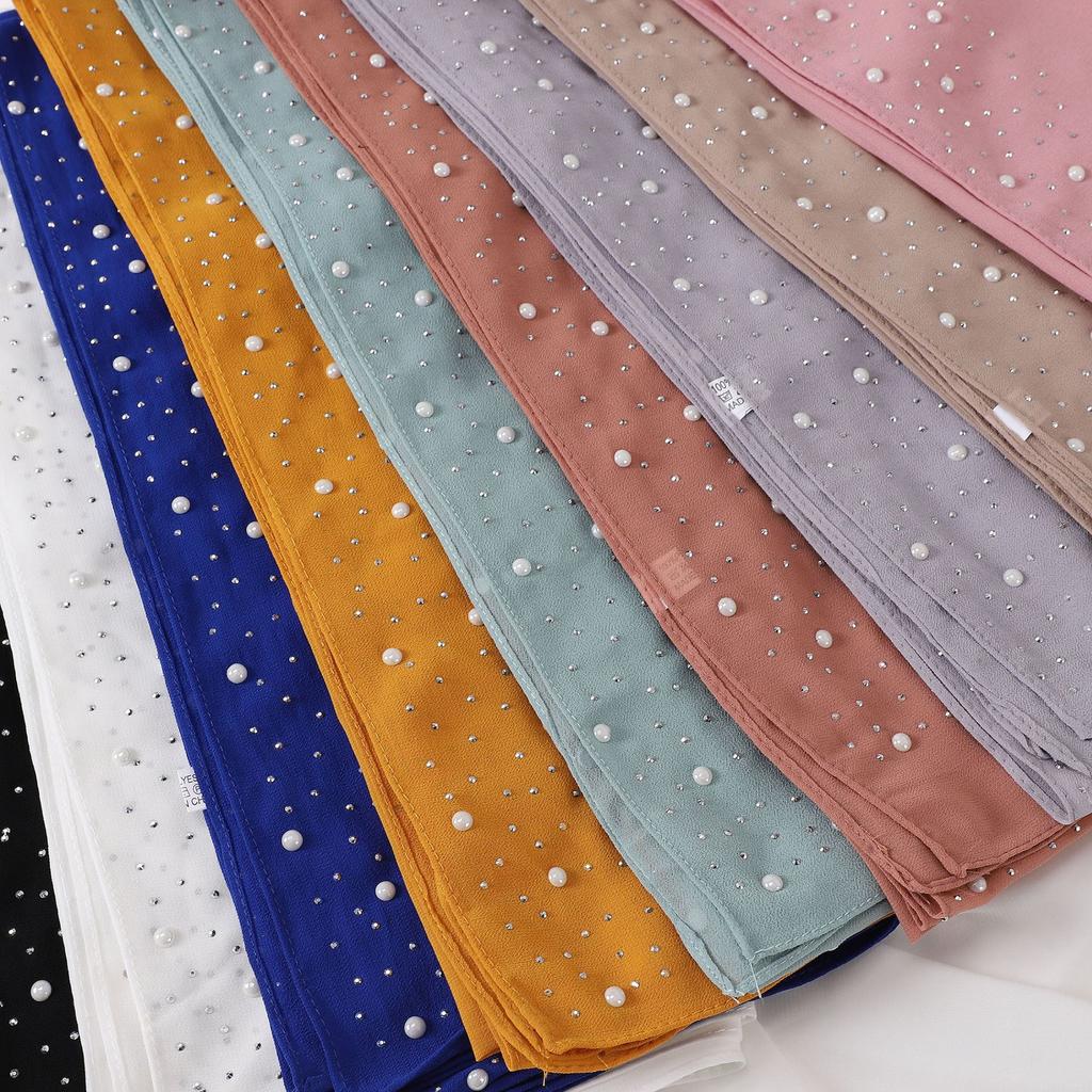 Pearl Chiffon Scarf With Ceramic Diamond Long Shawl For Women