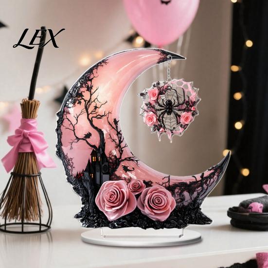 Unique Holiday Party Centerpieces Halloween Dark Style Table Decorations, Acrylic Pink And Black Gothic Centerpiece, Small Craft Gifts Crescent Moon/