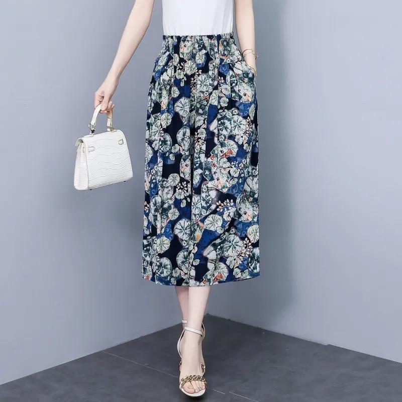 Pantalones Casuales Sueltos de Siete Minutos de Pierna Ancha de Cintura Alta para Mujer de Verano para Mujeres de Mediana Edad y Mayores Finos Cómodos