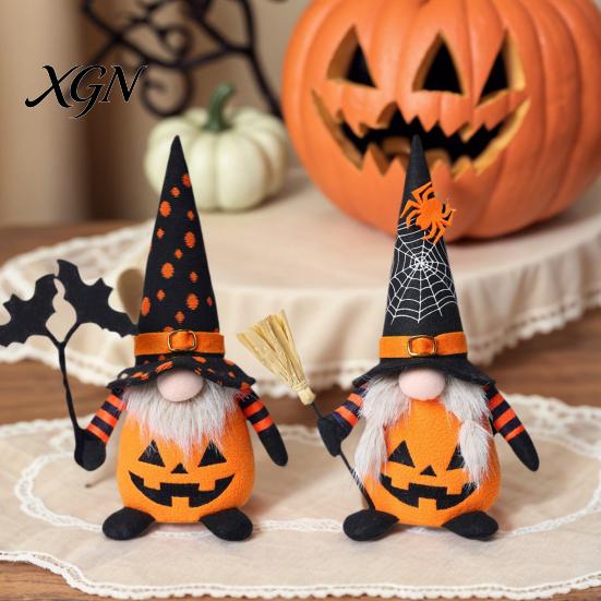 Creepy Gothic Style Ornaments Halloween Plush Gnome Decoration, Spooky Orange Black Spider Web Bat Swedish Faceless Dolls Tomte Elf Figurine,