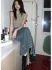 2026 Spring/Summer Women's Frayed Hem Irregular Slit Denim Long Skirt