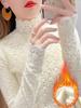 Women's Fleece-Lined Lace Base Layer Top: Stylish High-Neck Brushed Mesh Shirt for Autumn/Winter