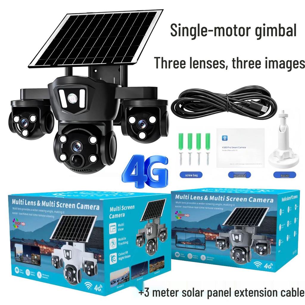 V380 4G Solar Camera with Three-Lens, Three-Axis Gimbal for Home Monitoring - Wireless, Low Power Battery.