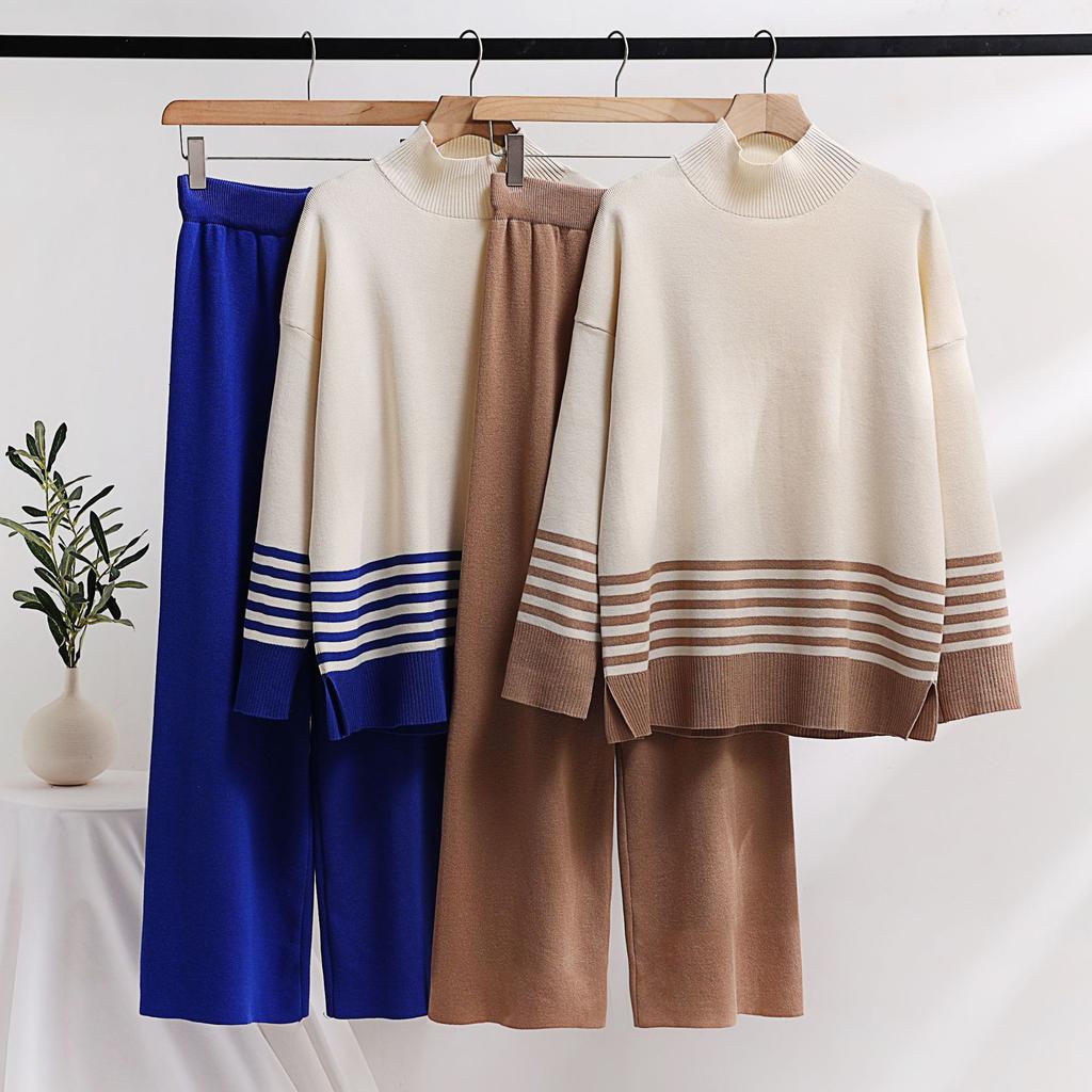 Autumn and Winter Knitted Wide-leg Pants Sweater Set Pullover Elastic Contrast Color Casual Loose Two-piece Women's Clothing